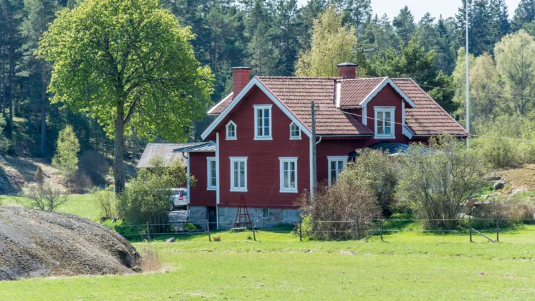 Vi ser ett rätt hus i en skog