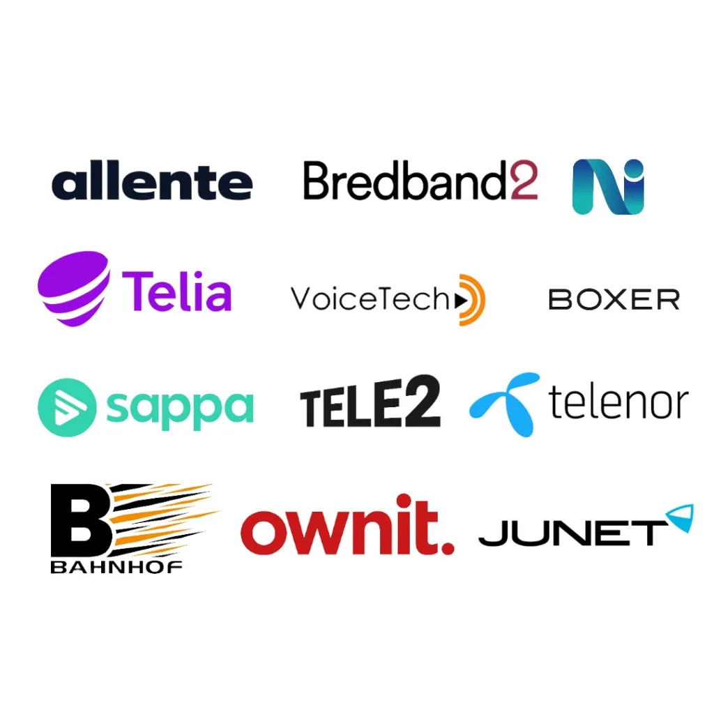 Samling av logotyper för olika bredbandsleverantörer i Sverige, bland annat Allente, Bredband2, Telia, Tele2, Telenor och Bahnhof.